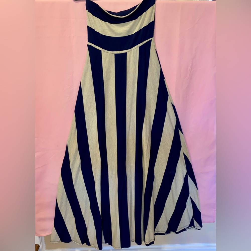 Nautical Blue Dress Flowy Maxi Beige Cream Tan Stripe Beach Summer J. Mode Small